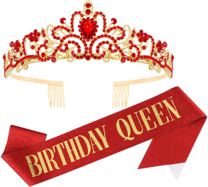 Happy Birthday Queen Tiara Crowns for Women, Red Sash, Party Favors Supplies Gift, 30th Decorations, Stuff Accessories