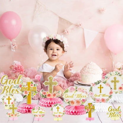 ANGOLIO White Gold Floral Honeycomb Centerpieces - 12Pcs Cross Rose Greenery God Bless Baptism Party Decoration Baby Shower First Communion Birthday Party Supplies for Boy Girl 3D Wedding Table Topper