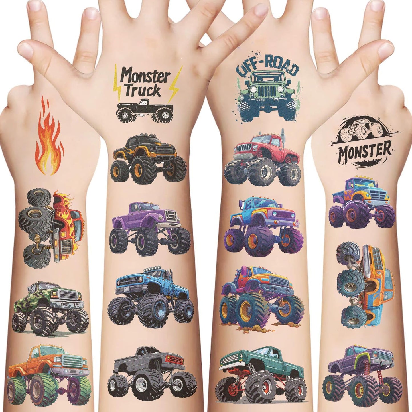 10 Sheets Monster truck Temporary Tattoos Birthday Themed Party Supplies Decoration Favors Cartoon Cute Sticker for Kids Boys Home Activity Class Prizes Carnival Christmas Rewards