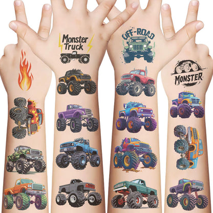 10 Sheets Monster truck Temporary Tattoos Birthday Themed Party Supplies Decoration Favors Cartoon Cute Sticker for Kids Boys Home Activity Class Prizes Carnival Christmas Rewards