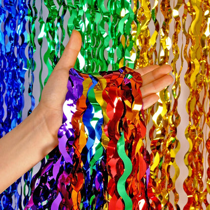 3 Pack Colorful Foil Fringe Curtain Backdrop - 6.6 x 3.3 ft Wavy Rainbow Tinsel Backdrop Curtain Metallic Streamers Iridescent Holiday Photo Booth Party Decorations