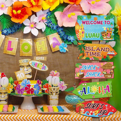 20 Pcs Luau Party Decorations Welcome Sign Summer Hawaiian Directional Signs Tropical Hawaiian Themed Birthday Decorations Luau Tiki Party Supplies with 2 Sheet Letter Stickers