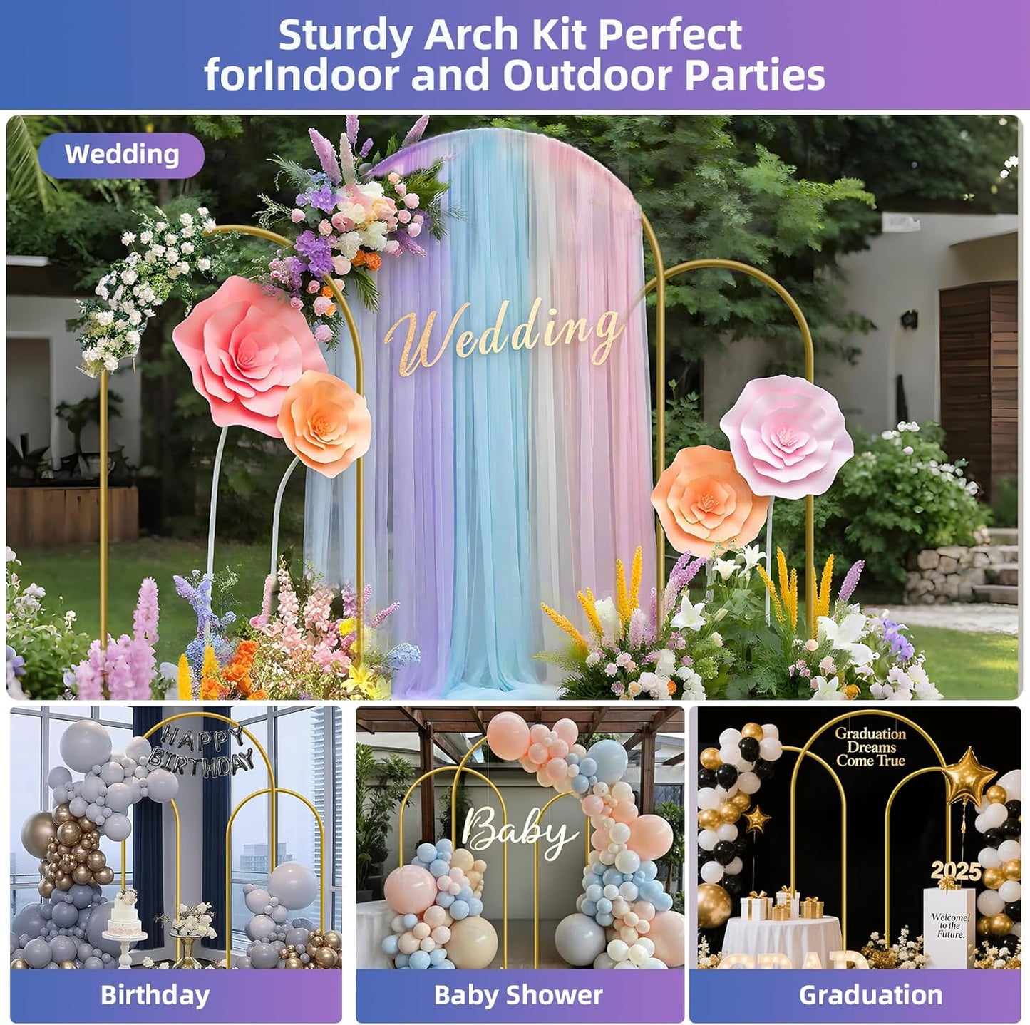 Hemmotop Metal Arch Backdrop Stand Set of 3, 6FT, 5FT, 4FT Party Arch Stands for Wedding, Birthday, Baby Shower, Bridal Shower - Balloon Arched Frame for Garden Decor, Gold Floral Arches, 3 Pieces