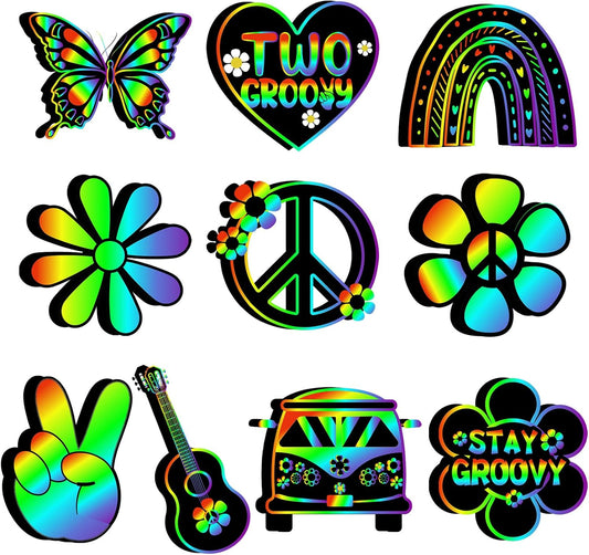 Saillong 80 Pcs Groovy Party Supplies Scratch Art Paper Daisy Bus Butterfly Guitar Two Groovy Scratch Crafts Off Cards for Party Birthday Gifts Supplies