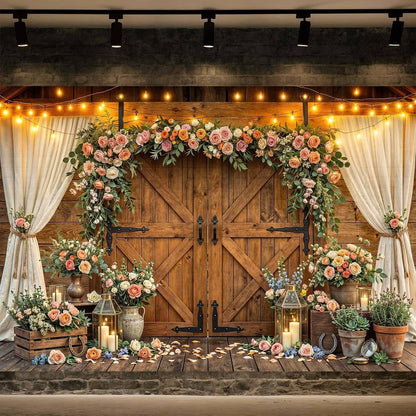10x8ft Country Wedding Photography Backdrop Rustic Barn Door Photography Backdrop Farmhouse Pink Flower Cabin Wooden Birthday Baby Shower Wedding Bridal Party Banner Photo Booth Props Background