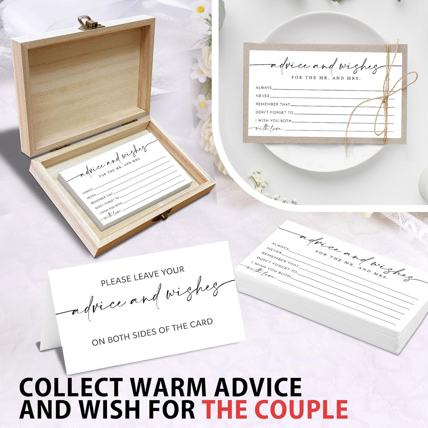 Boho Advice and Wishes for the Mr and Mrs - 50 Packs Wedding Advice Cards Bridal Shower Game Cards with Box Reception Guest Book for Bride Groom Newlywed Engagement Party Decoration -A08