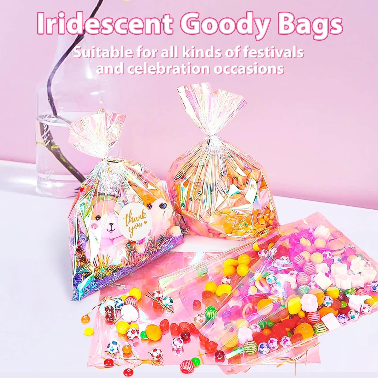 Cellophane Treat Bags, 5x7 Inch Iridescent Cellophane Bags with Thank You Stickers and Twist Ties, Celebrations Baby Showers Weddings Birthday Party Gift Wrapping(Pack of 100)