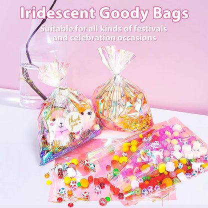 Cellophane Treat Bags, 5x7 Inch Iridescent Cellophane Bags with Thank You Stickers and Twist Ties, Celebrations Baby Showers Weddings Birthday Party Gift Wrapping(Pack of 100)