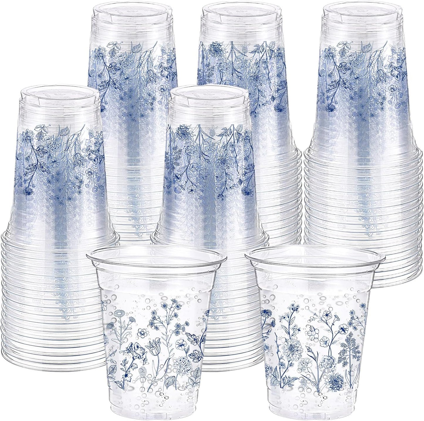 Hushee 60 Pcs Purple Floral Cups with Spring Summer Flower 16 oz Wildflowers Plastic Disposable Drinking Cups for Summer Spring Birthday Baby Shower Wedding Party Supplies