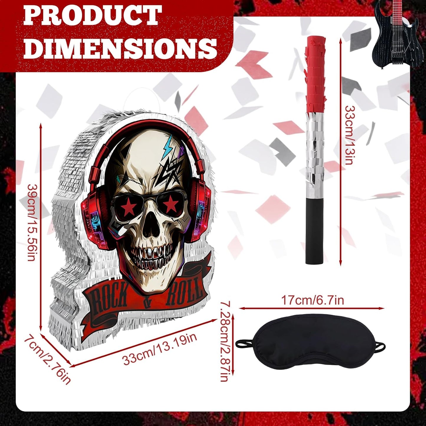 Rock and Roll Skeleton Piñata with Headphones Design Blindfold Hitting Stick Confetti for Music Themed Birthday Party (15.56 x 13.19 x 2.76 inch)