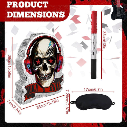 Rock and Roll Skeleton Piñata with Headphones Design Blindfold Hitting Stick Confetti for Music Themed Birthday Party (15.56 x 13.19 x 2.76 inch)