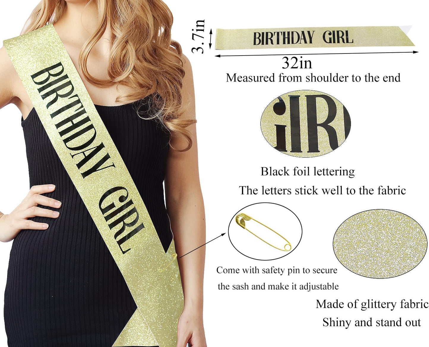 3 Pack Rose Gold Birthday Girl Sash and Rhinstone Headband Set for Women Glittery Cake Topper Happy Birthday Crown&Tiara Accessories Decorations Gifts for Kids.