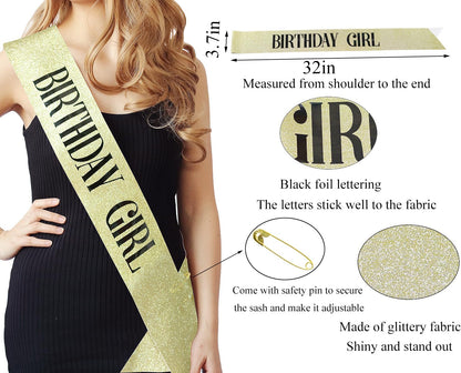 3 Pack Rose Gold Birthday Girl Sash and Rhinstone Headband Set for Women Glittery Cake Topper Happy Birthday Crown&Tiara Accessories Decorations Gifts for Kids.