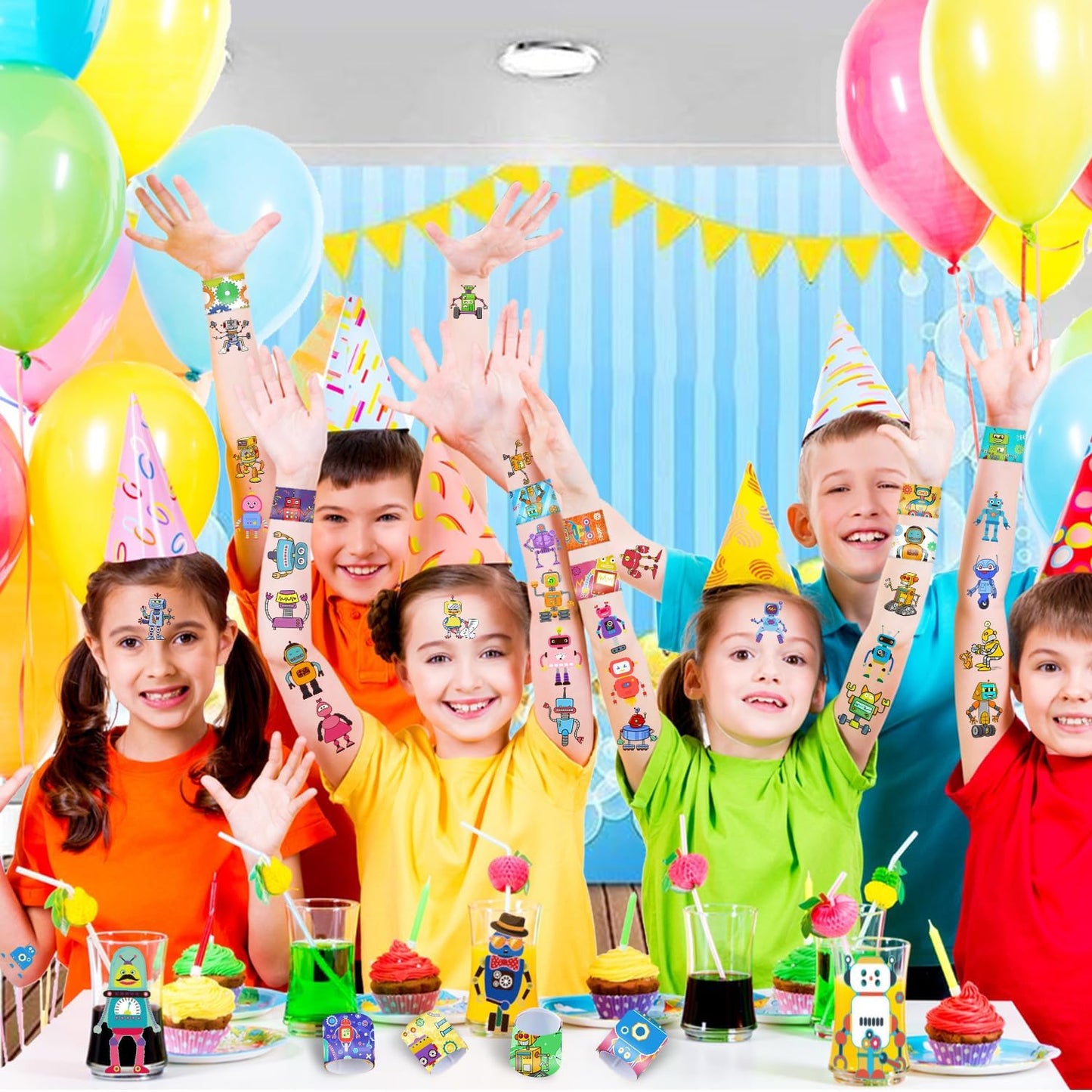 Robot Party Favors, Robot Temporary Tattoos Slap Bracelets Keychains Stickers Badges for Robot Birthday Party Decorations Supplies Gifts for Kids Classroom Rewards