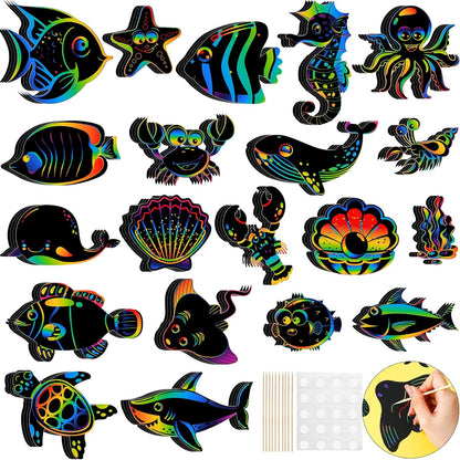 Liliful 80 Pcs Ocean Animals Scratch Cards Sea Crafts for DIY Ocean Party Scratch Card Summer Card Under the Sea Party Favors for DIY Crafts Home Decoration Project, 20 Styles