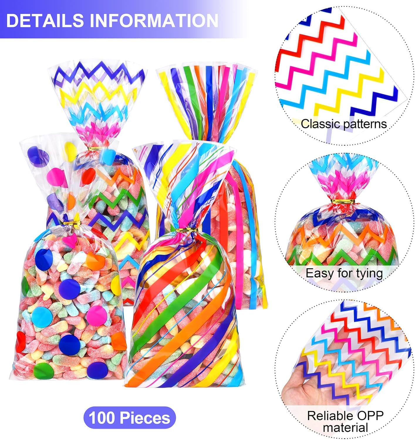 Aodaer 100 Pieces 10.6 x 5.1 In White Cellophane Bags Plastic Candy Gift Bag Cellophane Treat Bags with Twist Ties Stripes Polka Dot Printed Pattern Goodie Bag for Birthday Weddings Party Favors