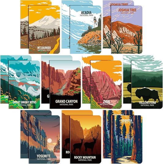 Sureio 20 Pack National Park Mini Notebook Pocket Adventure Notebook Memo Book Mountain Art Prints Small Notepad for Adventure Seekers, Hikers, Travellers, 3.2 x 5 Inches,10 Styles