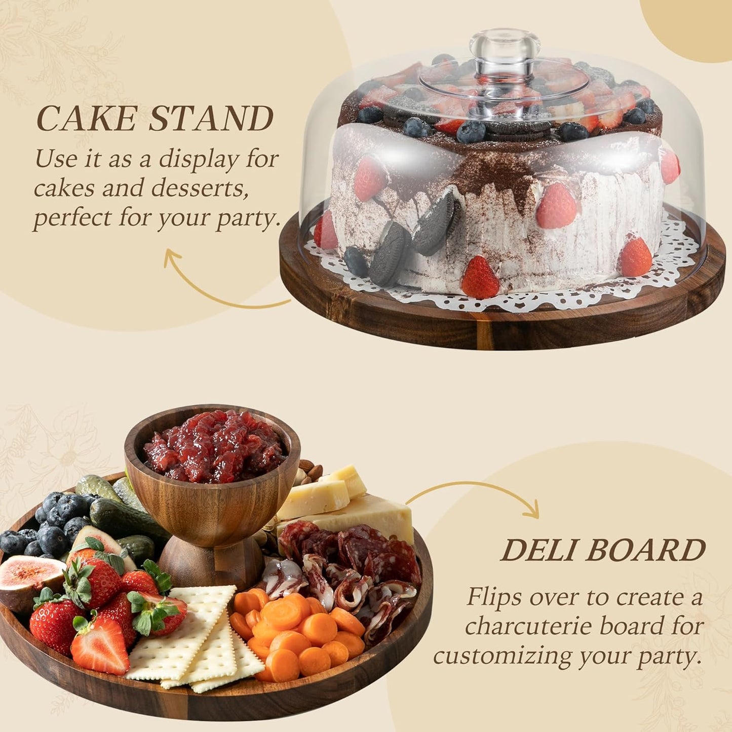 Cake Stand with Lid, 2 In 1 Cake Stand, 12in Round Acrylic Cake Stand with Dome, Acacia Wood Cake Container, Comes with Cake Paper, Perpare for Cake, Dessert, Cookie, No Glass