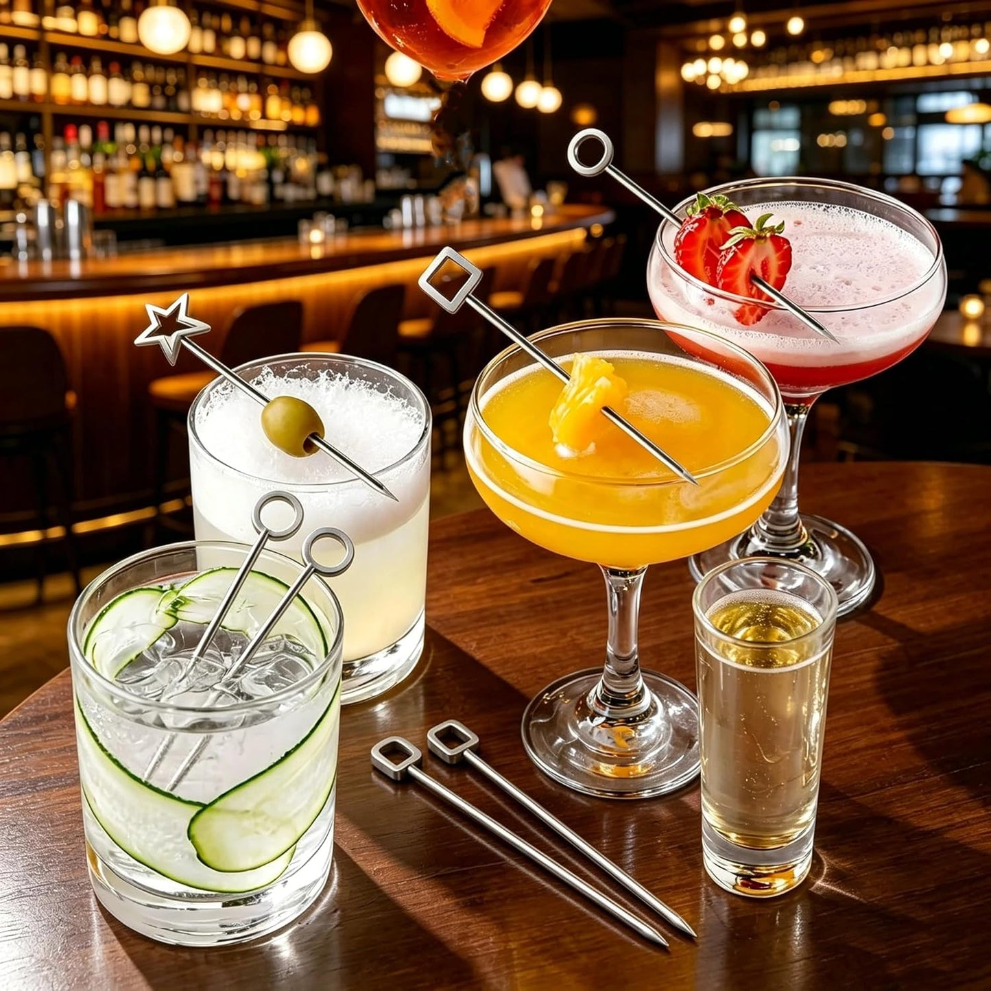 Homestia Stainless Steel Cocktail Picks, 4.7 Inch Reusable Martini Olive Picks, Metal Garnish Skewers for Drinks, Appetizers, Bloody Mary - Set of 6 Metal Cocktail Picks for Party Bar