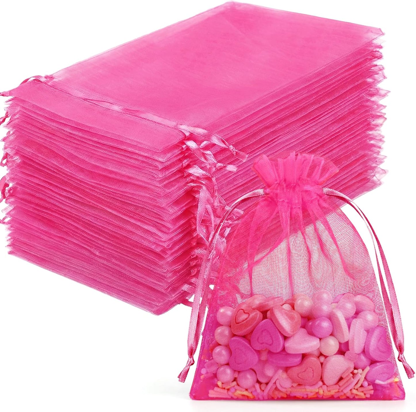 FUNFERY 100 Pcs White Organza Bags 3x4 in, Small Mesh Drawstring Gift Bags for Sachet, Jewelry, Wedding Favor, Candy Goodie Treat Bag,Easter Day