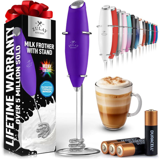 Zulay Kitchen Powerful Milk Frother Wand With Duracell Batteries - Ultra Fast Handheld Drink Mixer - Electric Whisk Foam Maker for Coffee, Lattes, Cappuccino & Matcha - Z1 Motor - Black - Colors C