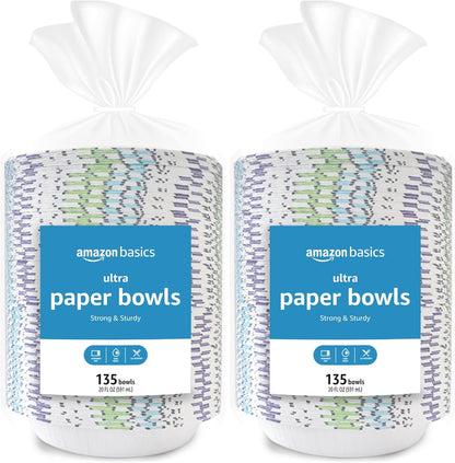 Amazon Basics Ultra Disposable Paper Bowls, 20 Oz, Microwave Safe, Soak Proof, Strong & Sturdy, White, 50 Count