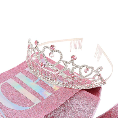 CIEHER Birthday Girl Crown and Sash Set for Birthday Decorations Gifts for Women Girls - Silver AB Rhinestones
