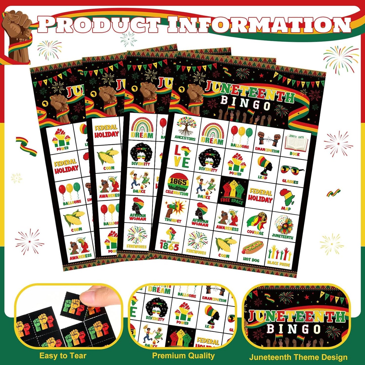 Liliful 35 Pcs Juneteenth Bingo Games for 24 Players Happy Juneteenth Bingo Cards African American Holiday Party Game for 1865 Black Freedom Day Party Supplies (Juneteenth)