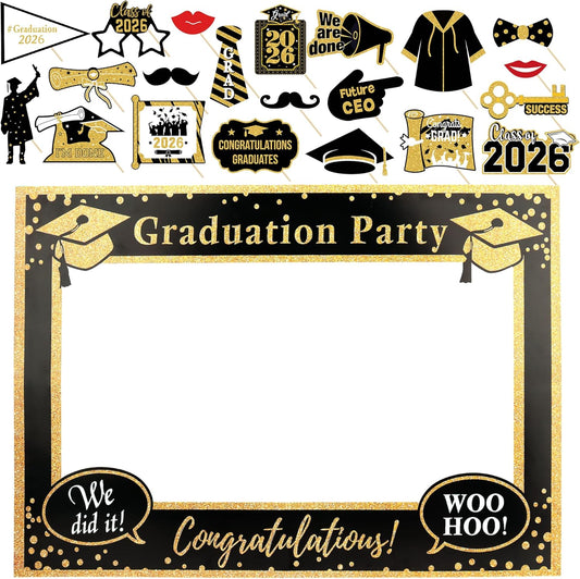 Lucleag 2026 Graduation Photo Booth Props Kit, 21Pcs Grad Photo Props & Selfie Frame for Photos Decor, Class of 2026 Photo Booth Props for Graduation Party Supplies