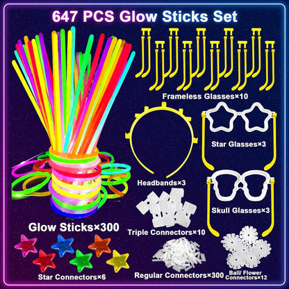 647PCS Glow Sticks, Glow in the Dark Party Favors Party Supplies for Adults Glow Sticks Bulk & Connectors Light Up Glasses Headbands Bracelets Necklace for football Birthday Wedding Patriotic
