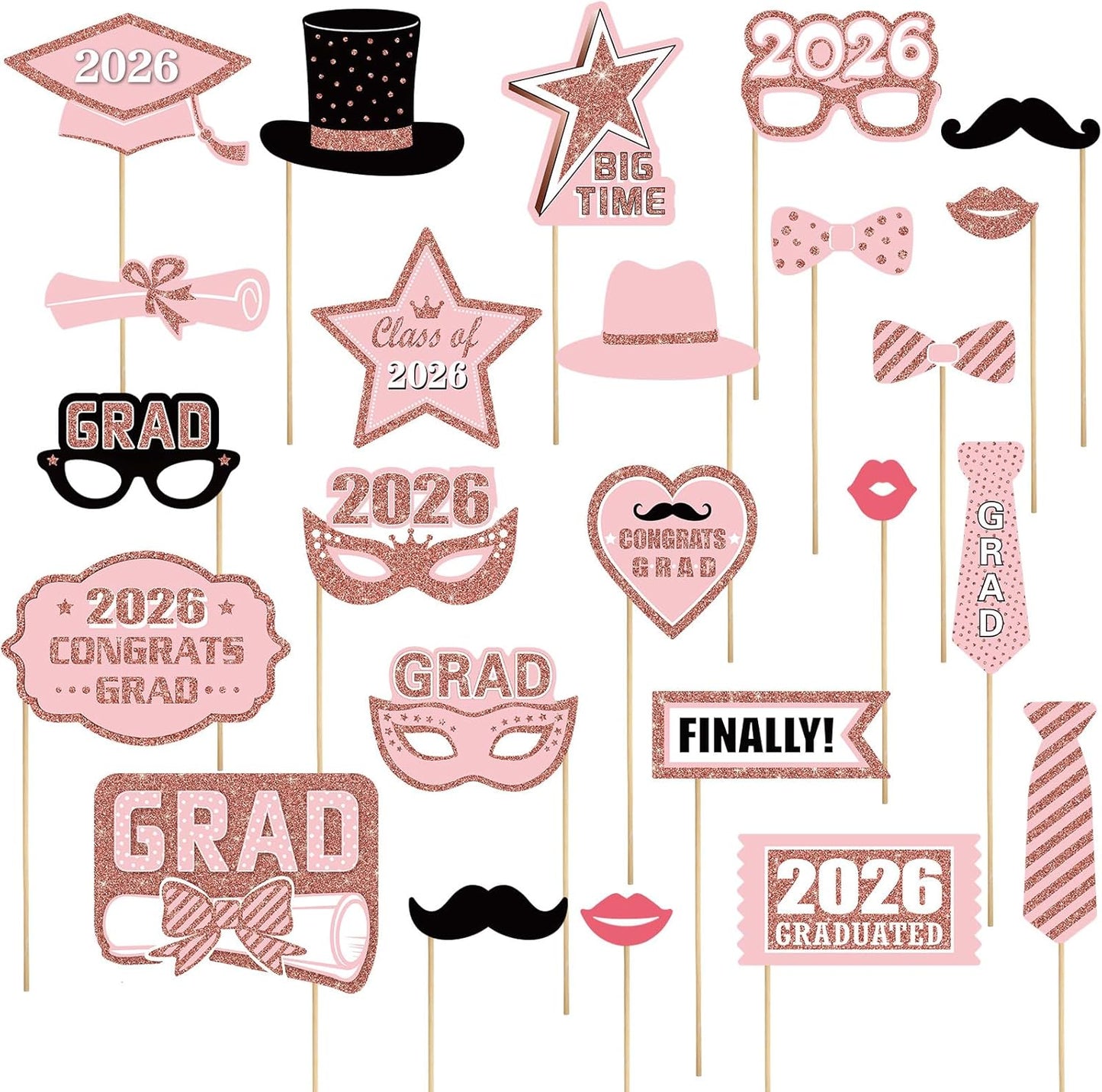 Blulu 24 Pieces 2026 Graduation Party Photo Booth Props Kit, Funny Graduation Party Selfie Props, Selfie Photo Frame for High School and College Grad Favors Supplies(Pink)