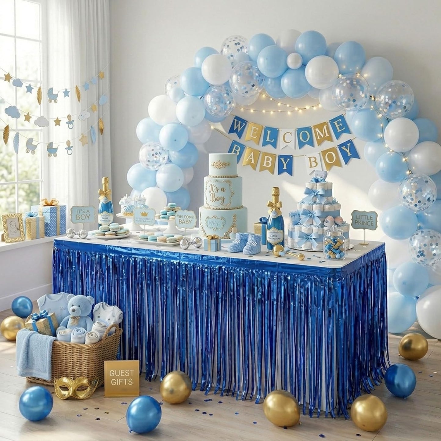Blue Streamers Party Decorations, 2 Packs Blue Table Skirts Metallic Foil Fringe Tinsel for Birthday Under the Sea Boy Baby Shower Float Parade Mardi Gras Graduation Party Supplies -29x108Inch