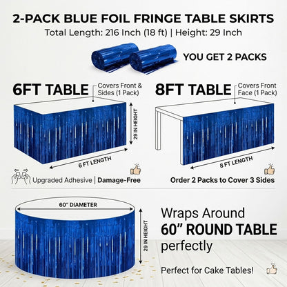 Blue Streamers Party Decorations, 2 Packs Blue Table Skirts Metallic Foil Fringe Tinsel for Birthday Under the Sea Boy Baby Shower Float Parade Mardi Gras Graduation Party Supplies -29x108Inch