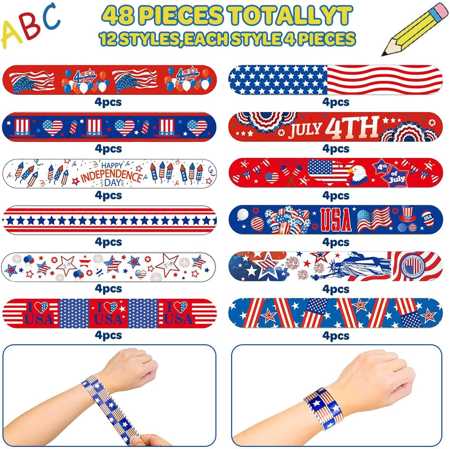 48 pcs 4th of July Slap Bracelets Toys, 4th of July Party Favors Supplies Patriotic Accessories Decorations