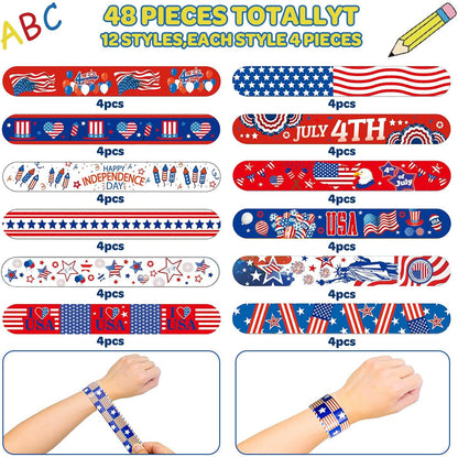 48 pcs 4th of July Slap Bracelets Toys, 4th of July Party Favors Supplies Patriotic Accessories Decorations