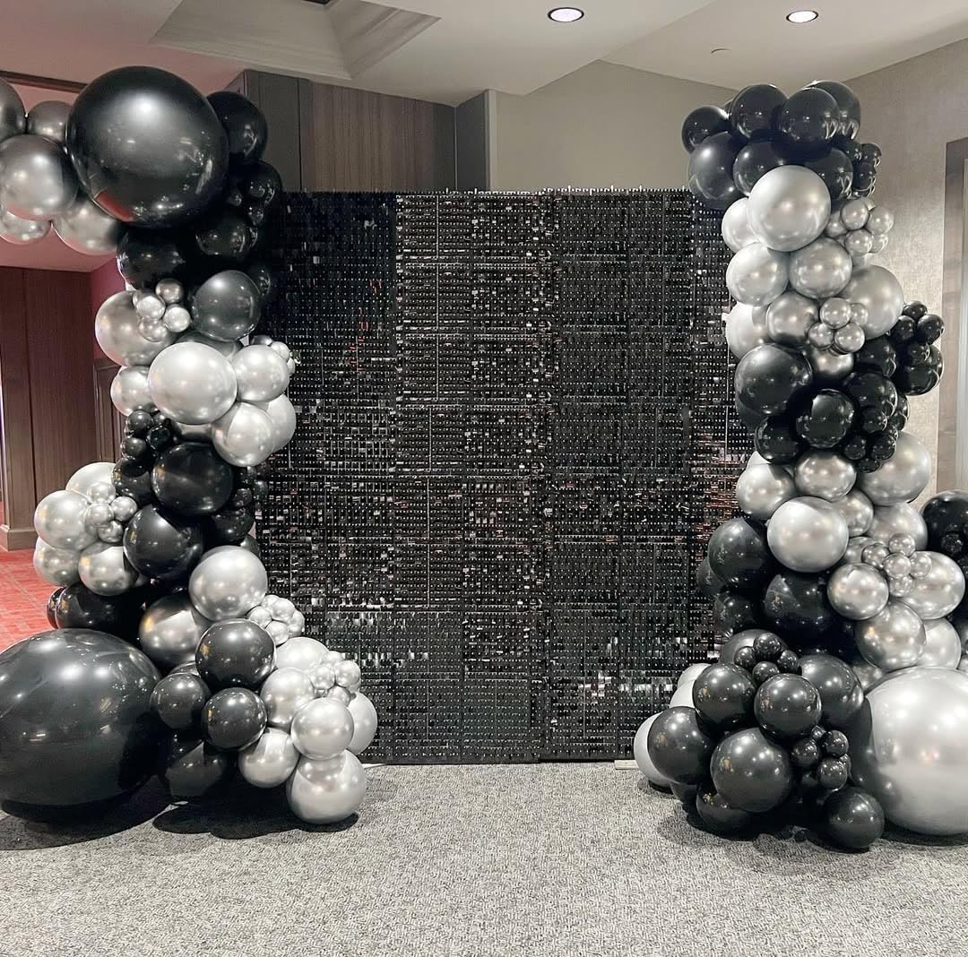 153Pcs Black and Silver Balloons Garland Arch Kit with Stars - 22 18 12 10 5 inch Different Size Black Metallic Silver Confetti Latex Balloon for Birthday Graduation New Year Party Decorations