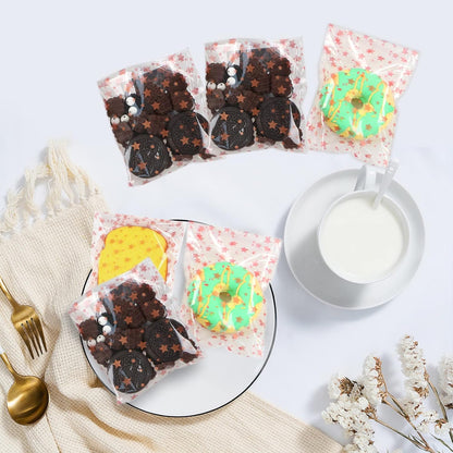 100 Pcs Star Printed 5"X 7" Gift Wrap Cello Cellophane Treat Bags Party Favor bags Clear Candy Cookie Bag Plastic Poly Goodie Storage Bag with Twist Ties for Bakery,Birthday, Wedding ,Party Decorations (Gold)