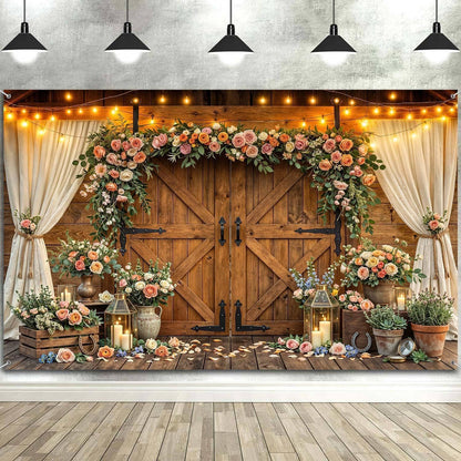 10x8ft Country Wedding Photography Backdrop Rustic Barn Door Photography Backdrop Farmhouse Pink Flower Cabin Wooden Birthday Baby Shower Wedding Bridal Party Banner Photo Booth Props Background