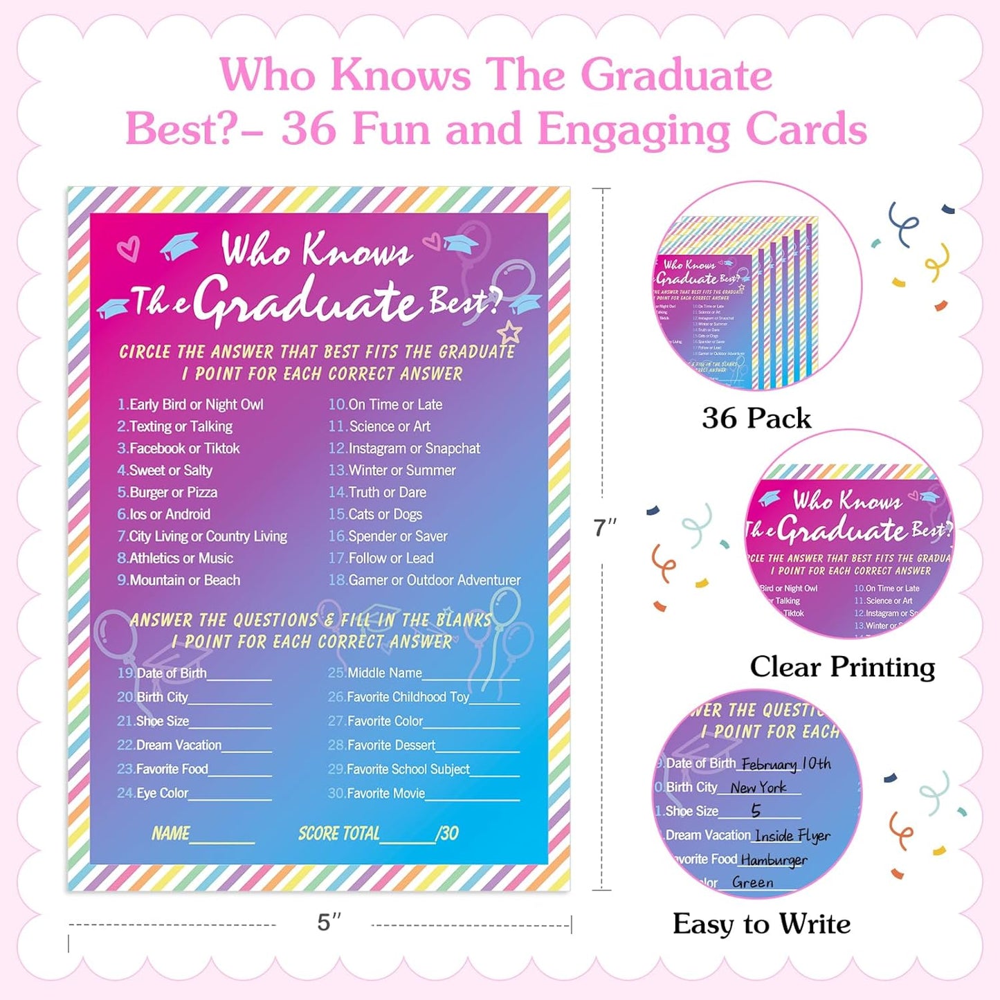 FaCraft 36PCS Who Knows Graduate Best Game Cards Class of 2026 Party Games Activities for High School Senior College School Graduation Party Favor Supplies Grad Game Graduation Decorations 2026