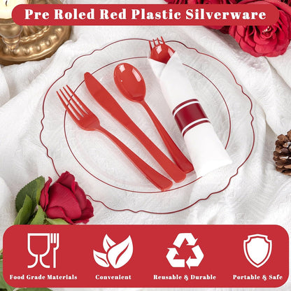 Liacere 100 Pack Silver Plastic Silverware-Pre Wrapped cutlery and Napkin-Pre Rolled Silverware Disposable 100 Forks, 100 Knives 100 Spoons, 100 Napkins Plastic Utensils＆Wedding