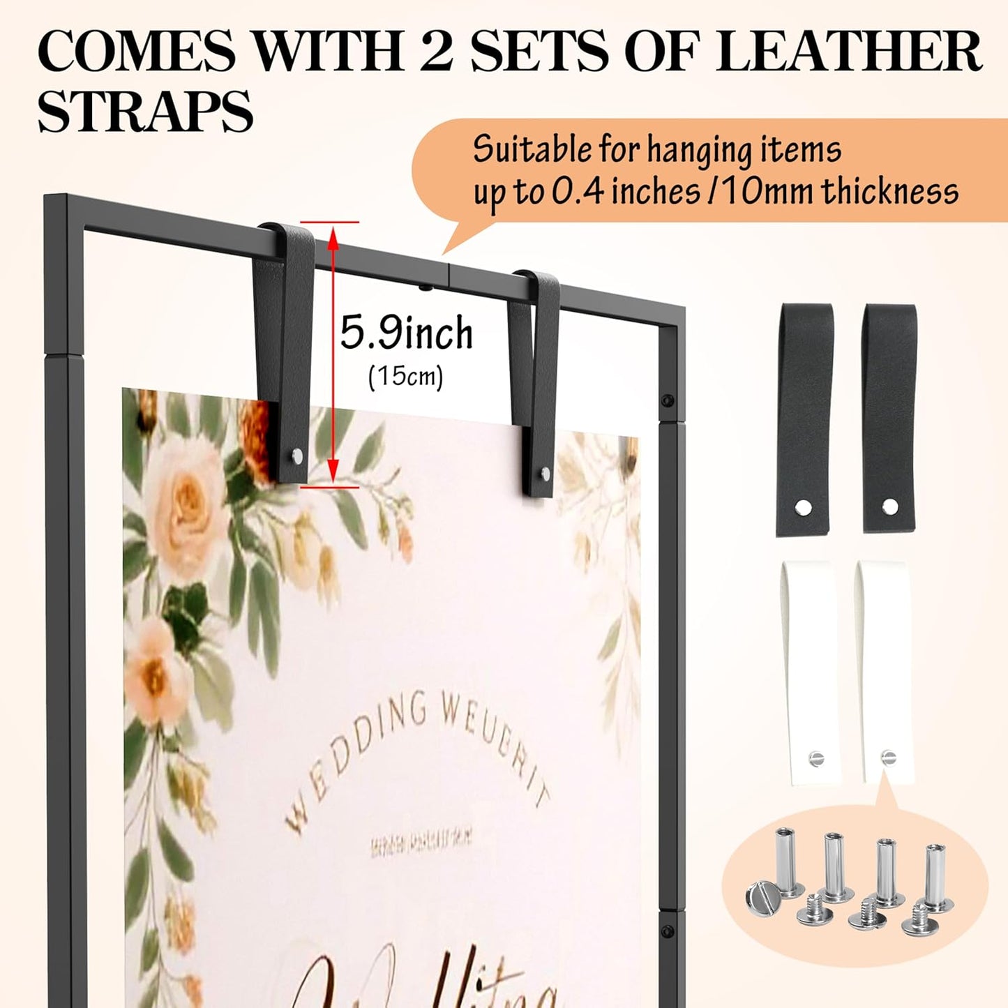 Wedding Sign Stand, Black Wedding Welcome Sign, Wedding Sign Holder with Storage Bag and Leather Sign Hanging Straps, Easel Stand for Sign, Welcome Sign for Party