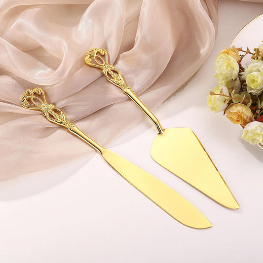 Yoption Cake Cutting Set for Wedding, Gold Vintage Cake Knife and Server Set, Cake Serving Kit for Wedding, Birthday, Anniversary, Bridal Gift