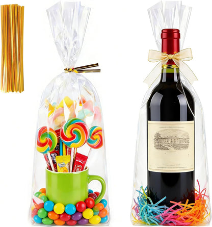 Soarvita 7x10 Inch Cellophane Treat Bags, 50 Pcs Clear Gift Bags with Bottom Gusset for Stand-Up Display, Cellophane Gift Wrap with 60 Gold Ties for Goodies, Treats, Candy, Party Favors, Toys