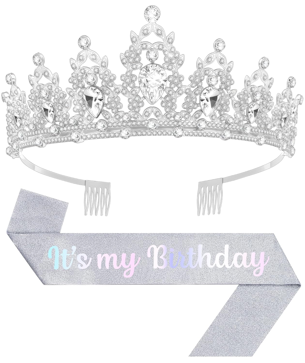 Birthday Tiara and Crown with Sash, Birthday Tiara for Women Party Silver