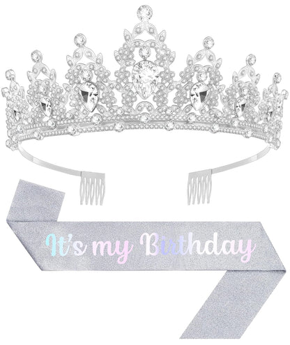 Birthday Tiara and Crown with Sash, Birthday Tiara for Women Party Silver