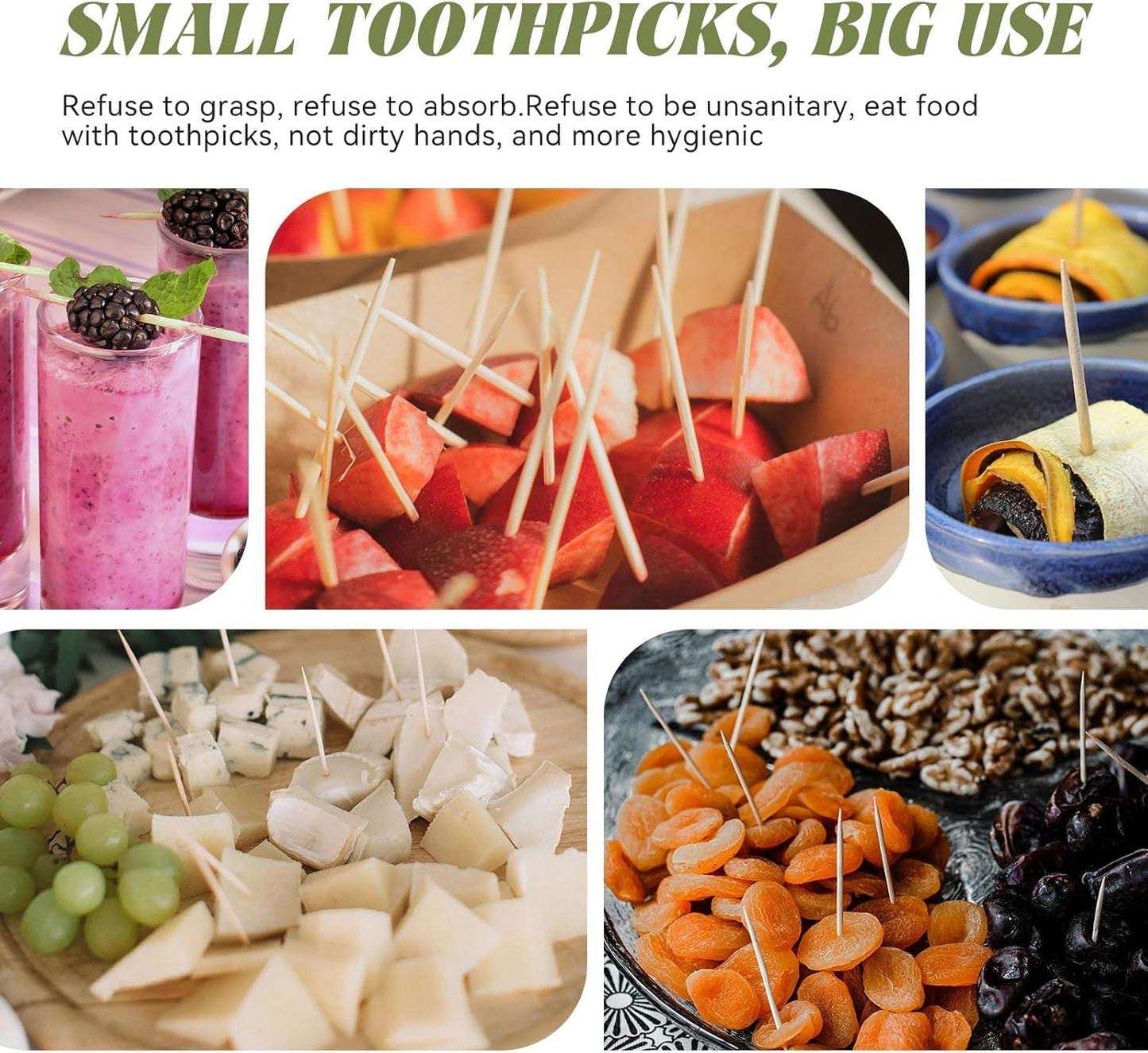 HOPELF Bamboo Toothpicks for Teeth Cleaning, Appetizer, Olive, Barbecue, Fruit, Double-Points Wooden Toothpick.600 Count