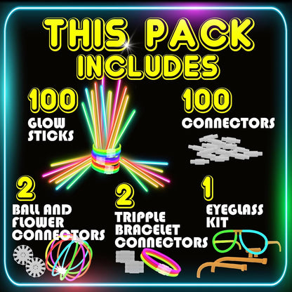 PartySticks Ultra Bright Bulk Party Supplies - Glow in The Dark Glow Sticks with Eye Glasses, Bracelets, and Connectors - Light Up Halloween 4th of July Party Favors