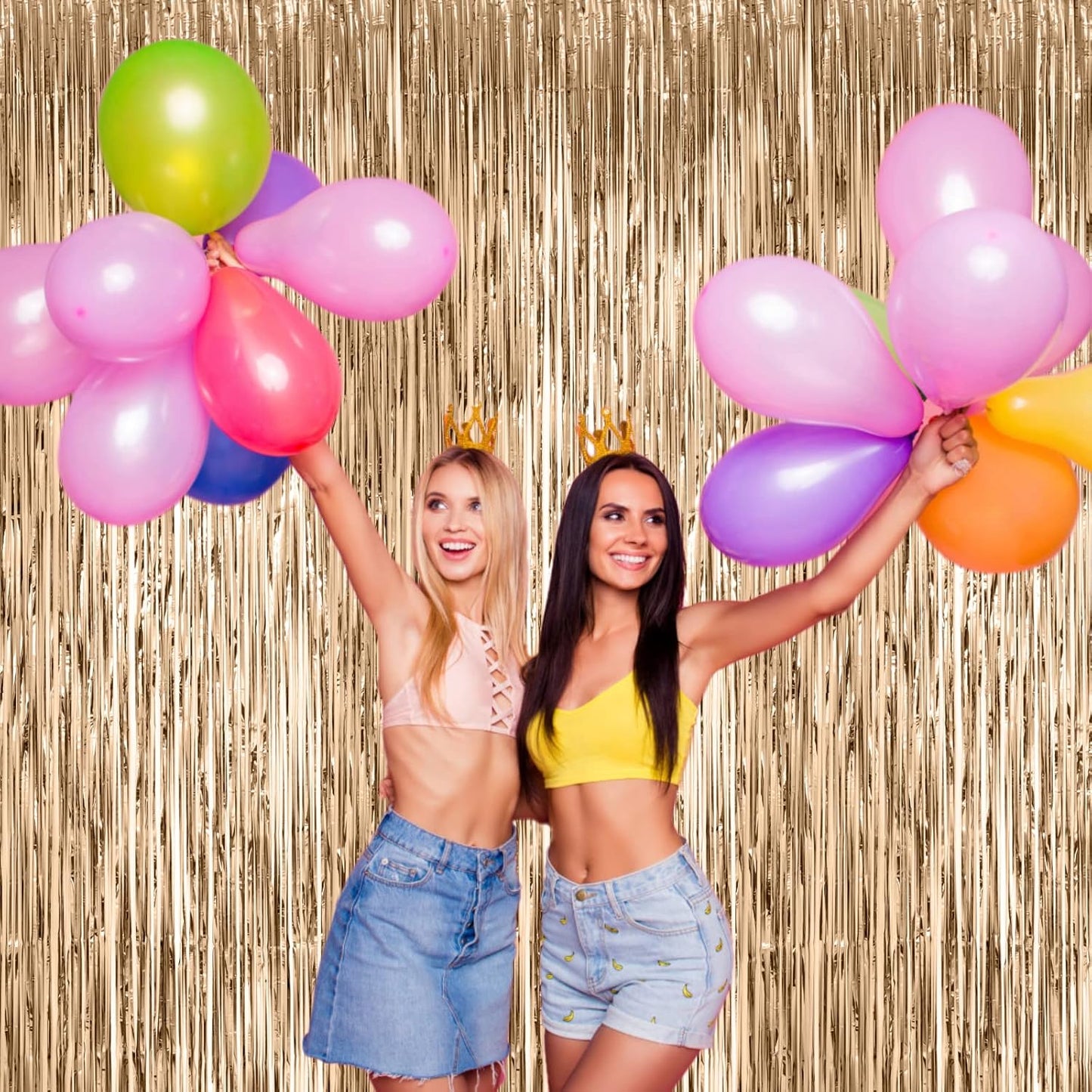 Voircoloria 3 Pack 3.3x8.2 Feet Gold Foil Fringe Backdrop Curtains, Tinsel Streamers, Fringe Backdrop for 2025 New Years Eve, Graduation, Birthday, Baby Shower, Gender Reveal, Disco Party - Colors B