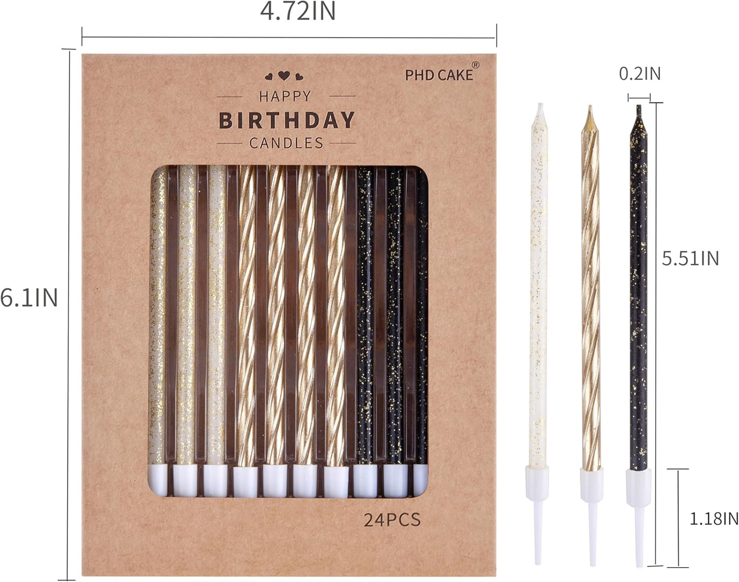 PHD CAKE Gold, Black, White Long Thin Birthday Candles, Cake Candles, Birthday Parties, Wedding Decorations, Party Candles
