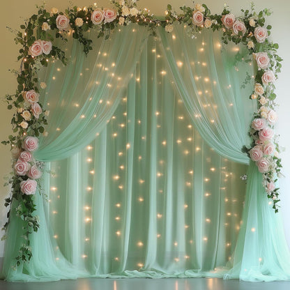 Fomcet Tulle Backdrop Curtains with Lights String White 10FT X 8FT Sheer Curtain with Lights Tulle Curtains Backdrop for Wedding Birthday Party Baby Shower Photo Shoot (2 Panels 5x8FT)